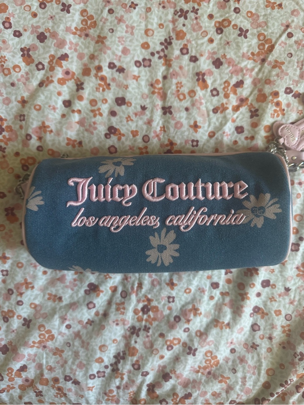 Juicy Couture Blue Floral Cosmetic Case with Pink Logo